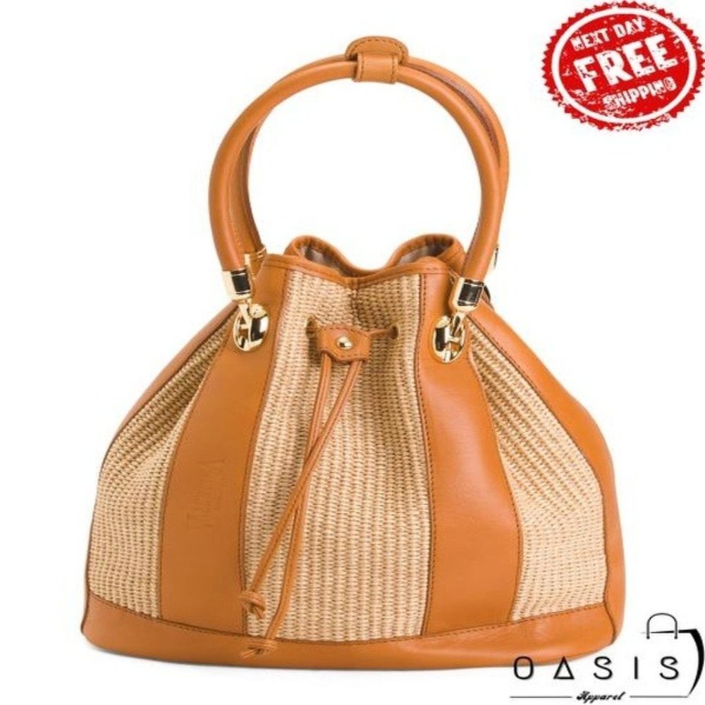 VALENTINA Made In Italy Raffia Bucket Bag With Leather/ Women's Bag